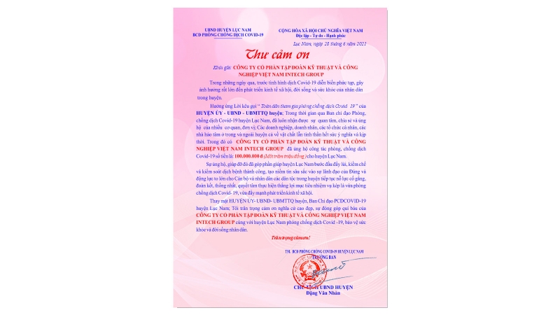 Huyện Ủy Lục Nam (Bắc Giang) gửi thư cảm ơn Intech Group ủng hộ kinh phí phòng chống dịch Covid-19