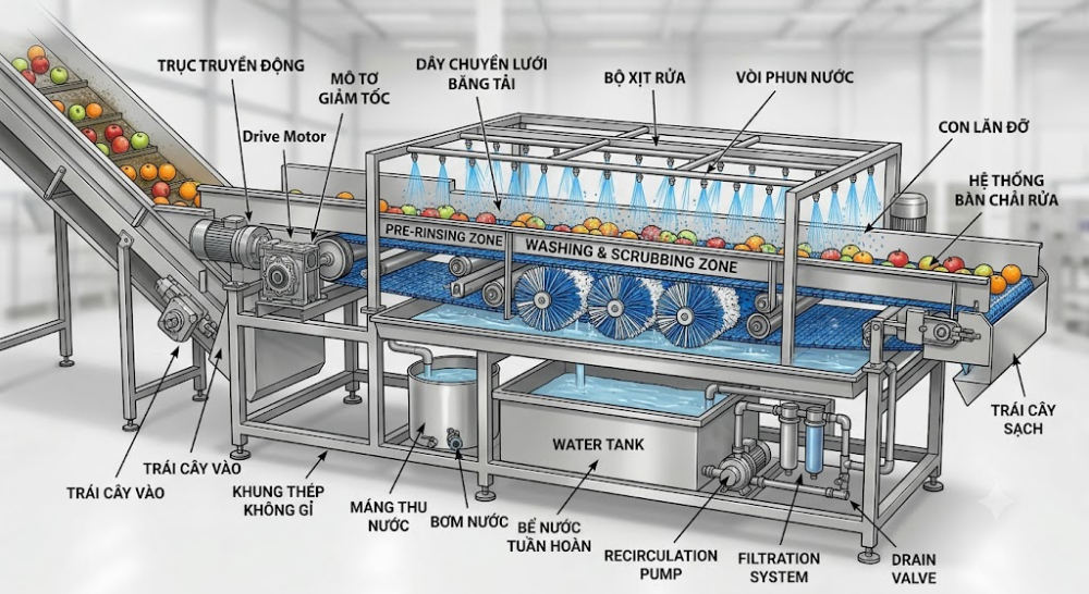 Băng tải rửa trái cây