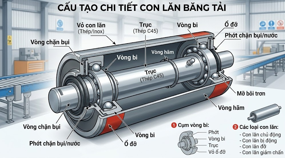 Cấu tạo con lăn băng tải