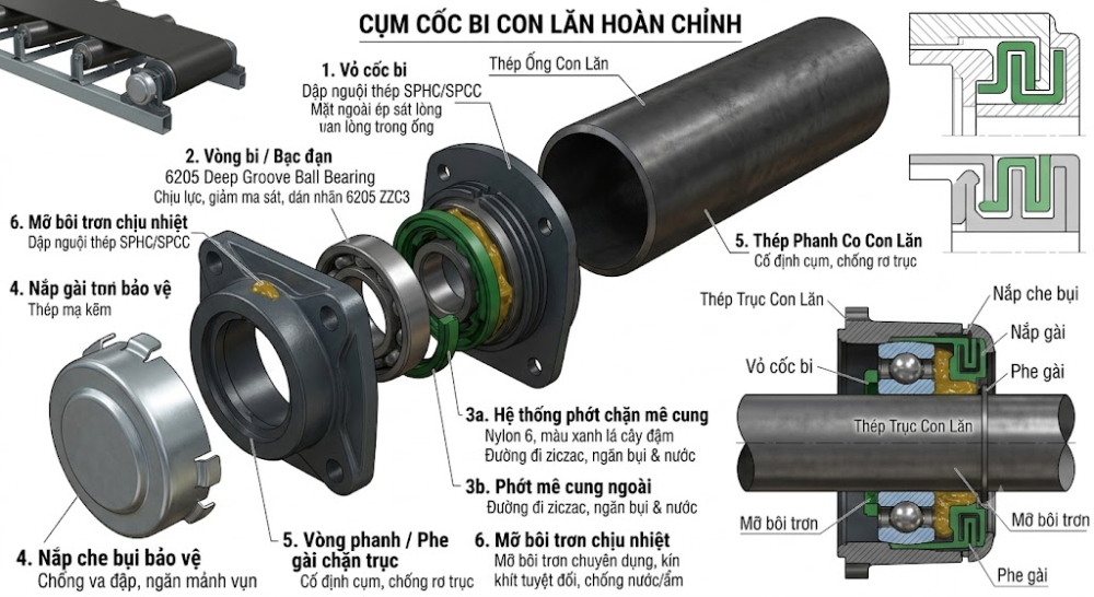 Cụm cốc bi con lăn băng tải