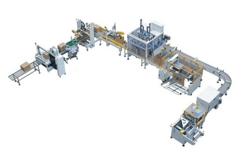 Automatic product picking, gluing and strapping line