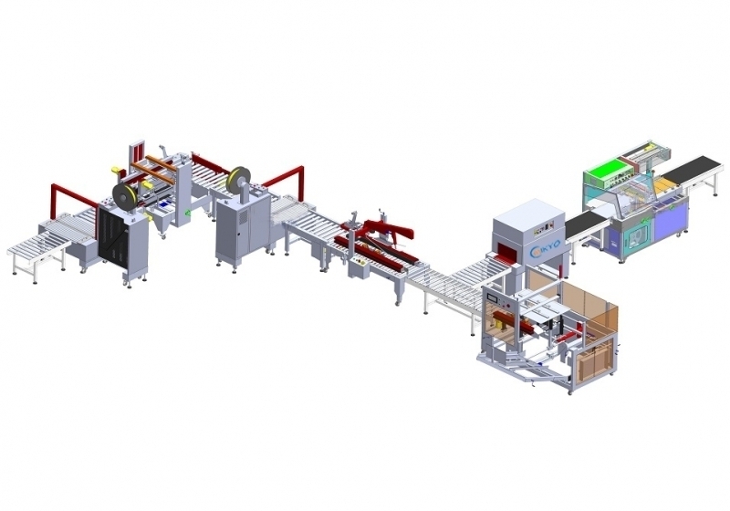 Gluing, strapping line combined with automatic shrinking machine